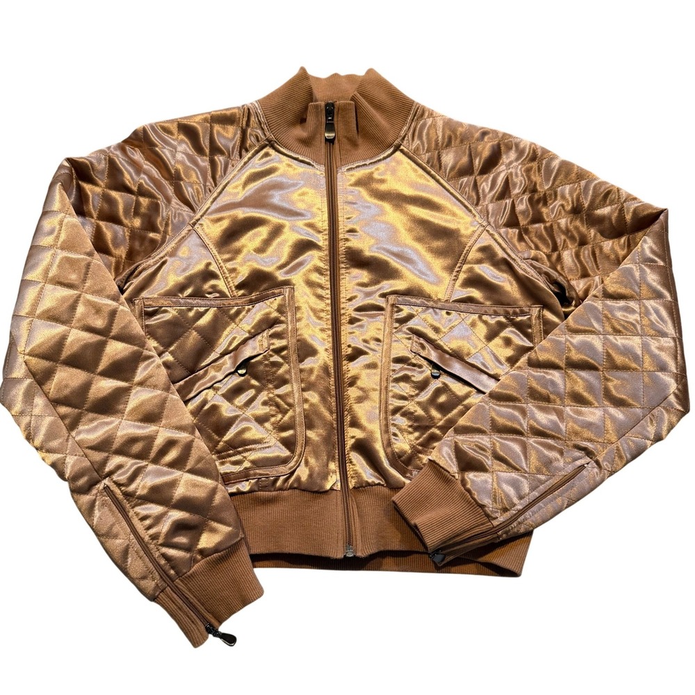 BEBE Quilted Bomber Jacket Bronze Metallic Satin Y2K Women's Size M‎